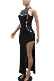 Black Elegant Solid Color Patchwork High Slit Hot Drill Zipper O Neck Long Dresses