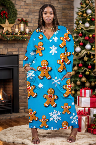 Light Blue Casual Santa Claus Cartoon Print Pocket V Neck Long Plus Size Dresses