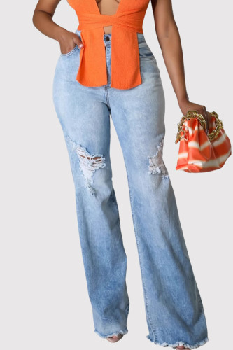 Blue Casual Solid Color Ripped Pocket Patchwork Mid Waist Boot Cut Denim Jeans