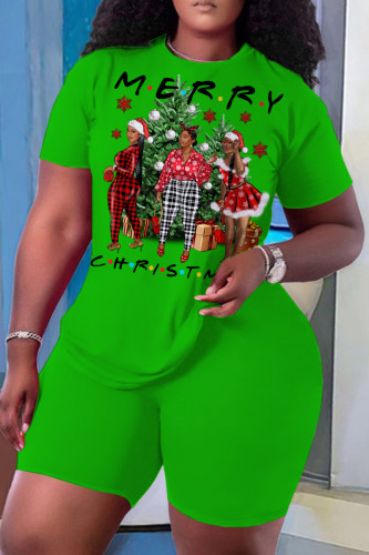 Green Red Casual Print Basic O Neck Short Sleeve Two Pieces