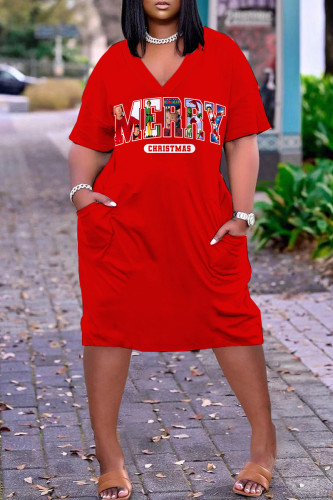 Red Casual Letter Print Pocket V Neck Short Sleeve Plus Size Dresses