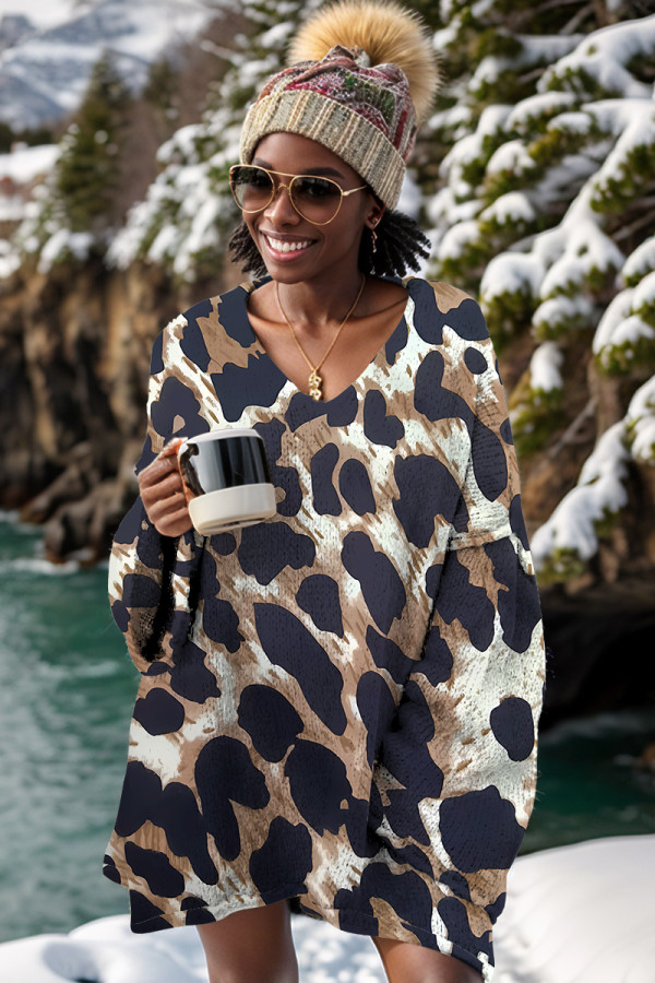 Coffee Casual Daily Leopard Print Basic V Neck Tops