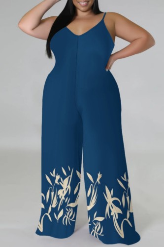 Tibetan Blue Casual Print Backless Spaghetti Strap Plus Size Jumpsuits (With Headscarf)