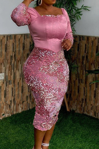 Pink Elegant Solid Color Sequins Patchwork Slit Zipper Square Neck Wrapped Skirt Dresses
