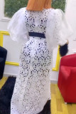 White Elegant Solid Color Hollow Out Patchwork With Belt O Neck Long Dresses
