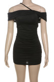 Grey Sexy Solid Color Hollow Out Patchwork Backless Asymmetrical Collar Wrapped Skirt Dresses
