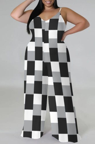 Black White Casual Print Backless Spaghetti Strap Plus Size Jumpsuits (With Headscarf)