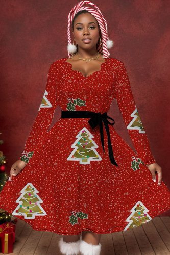 Red Casual Print With Belt V Neck A Line Dresses