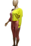 Pink Yellow Casual Draw String Patchwork Contrast Oblique Collar Long Sleeve Two Pieces
