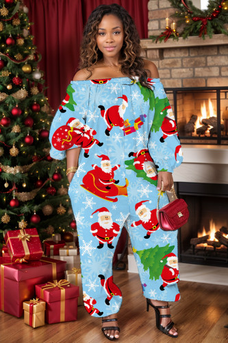 Sky Blue Casual Print Basic Off Shoulder Regular Jumpsuits