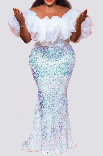 White Elegant Sequins Patchwork Ruffled Trim Off Shoulder Long Dresses