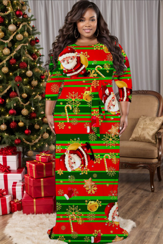 Red Green Casual Print Basic Belted O Neck Long Plus Size Dresses