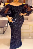 Black Elegant Solid Color Sequins Patchwork Mesh Off Shoulder Dresses