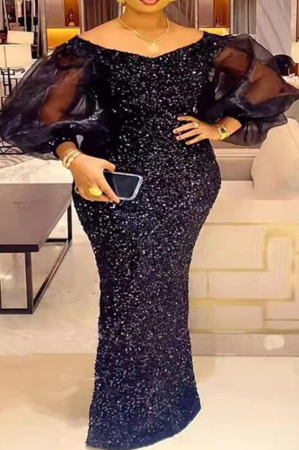 Black Elegant Solid Color Sequins Patchwork Mesh Off Shoulder Dresses