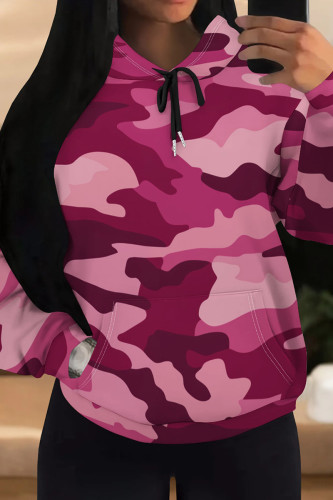 Rose Red Casual Camouflage Print Draw String Pocket Patchwork Hooded Tops