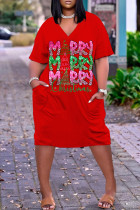 Red Green Casual Letter Print Pocket V Neck Short Sleeve Plus Size Dresses