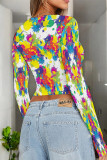 Green Yellow Casual Street Splashed ink printing Contrast O Neck Tops