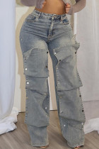 Light Blue Casual Solid Color Pocket Buttons Patchwork Zipper High Waist Loose Denim Jeans