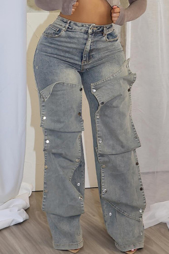 Light Blue Casual Solid Color Pocket Buttons Patchwork Zipper High Waist Loose Denim Jeans