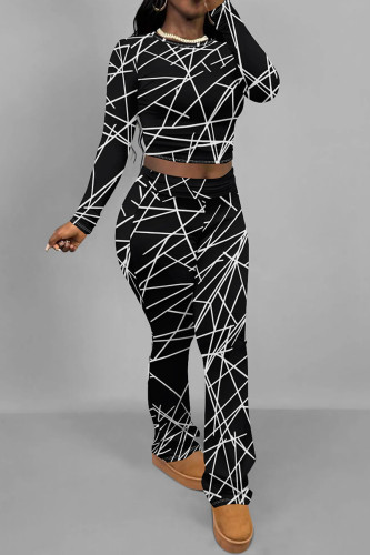 Black And White Casual Print Patchwork O Neck Long Sleeve Two Pieces