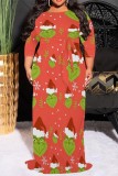 Orange Red Casual Cartoon Print Belted O Neck Long Plus Size Dresses