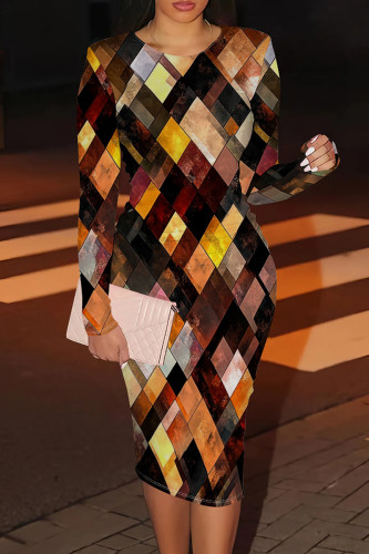 Black Yellow Casual Print Patchwork O Neck Wrapped Skirt Dresses