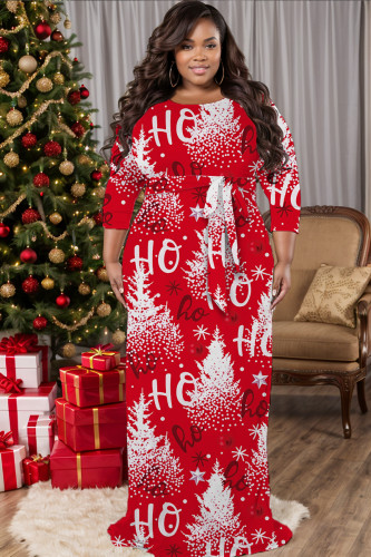 Red Casual Print Basic Belted O Neck Long Plus Size Dresses