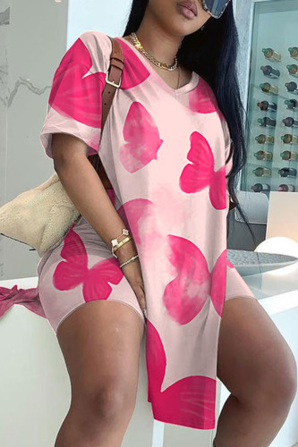 Pink Casual Print Slit V Neck Short Sleeve Two Pieces
