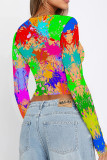 Green Yellow Casual Street Splashed ink printing Contrast O Neck Tops