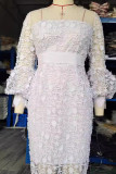 White Elegant Solid Color Patchwork See-Through O Neck Long Dresses