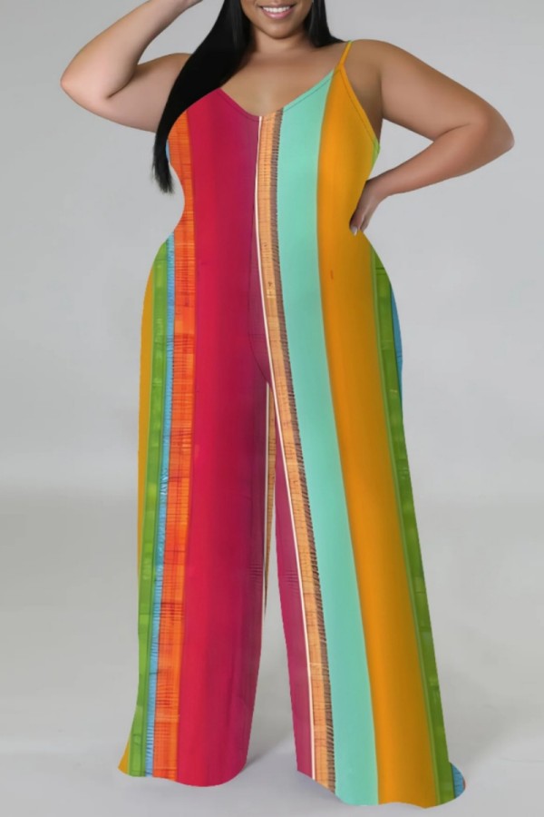 Stripe Casual Print Backless Spaghetti Strap Plus Size Jumpsuits (With Headscarf)