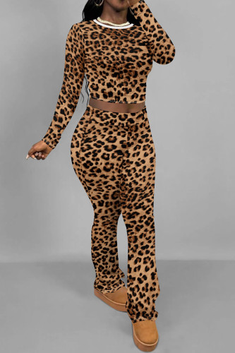 Brown Casual Print Patchwork O Neck Long Sleeve Two Pieces