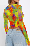 Green Yellow Casual Street Splashed ink printing Contrast O Neck Tops