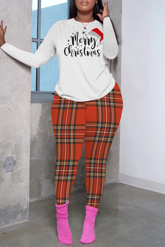 White Black Casual Plaid Letter Print Basic O Neck Long Sleeve Two Pieces