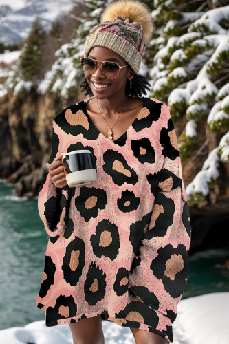 Pink Casual Daily Leopard Print Basic V Neck Tops