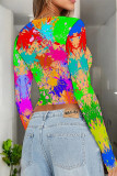 Green Yellow Casual Street Splashed ink printing Contrast O Neck Tops