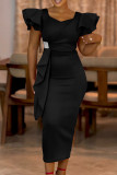 Pink Casual Solid Color Patchwork Ruffled Trim Asymmetrical Collar Wrapped Skirt Dresses
