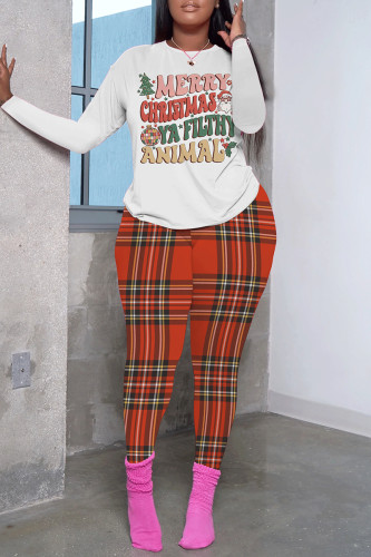 White Pink Casual Plaid Letter Print Basic O Neck Long Sleeve Two Pieces