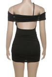 Grey Sexy Solid Color Hollow Out Patchwork Backless Asymmetrical Collar Wrapped Skirt Dresses