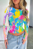 Green Yellow Casual Street Splashed ink printing Contrast O Neck Tops