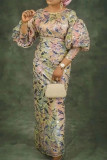 Yellow Pink Elegant Flowers Sequins Patchwork O Neck Long Dresses
