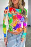 Green Yellow Casual Street Splashed ink printing Contrast O Neck Tops