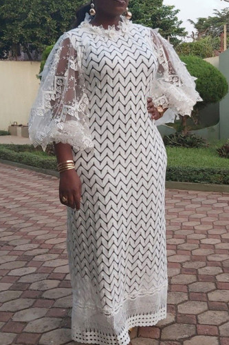 White Elegant Solid Color Lace Patchwork See-Through O Neck Long Dresses(Subject To Physical Goods)