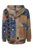 Multicolor Casual Street Faux Denim Print Draw String Pocket Hooded Tops