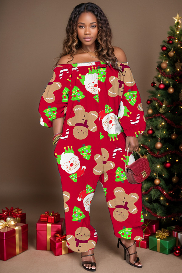 Red Khaki Casual Santa Claus Print Backless Off Shoulder Regular Jumpsuits