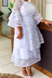 White Elegant Solid Color Patchwork Mesh Zipper O Neck Long Dresses