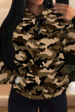 Blue Casual Camouflage Print Draw String Pocket Patchwork Hooded Tops
