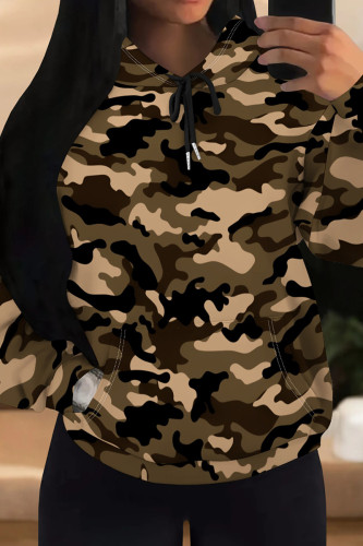 Brown Casual Camouflage Print Draw String Pocket Patchwork Hooded Tops