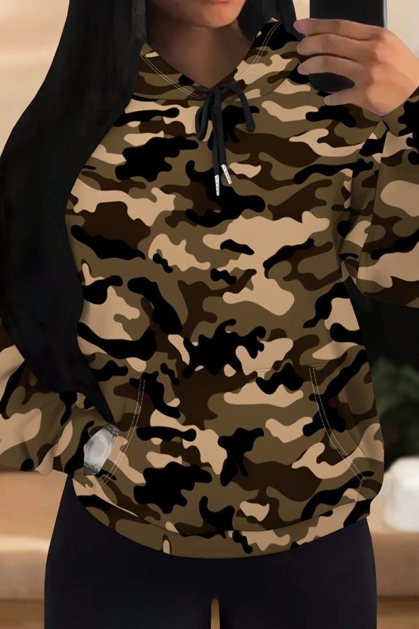 Brown Casual Camouflage Print Draw String Pocket Patchwork Hooded Tops