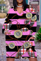 Rose Red Casual Print Basic V Neck Long Sleeve Plus Size Dresses